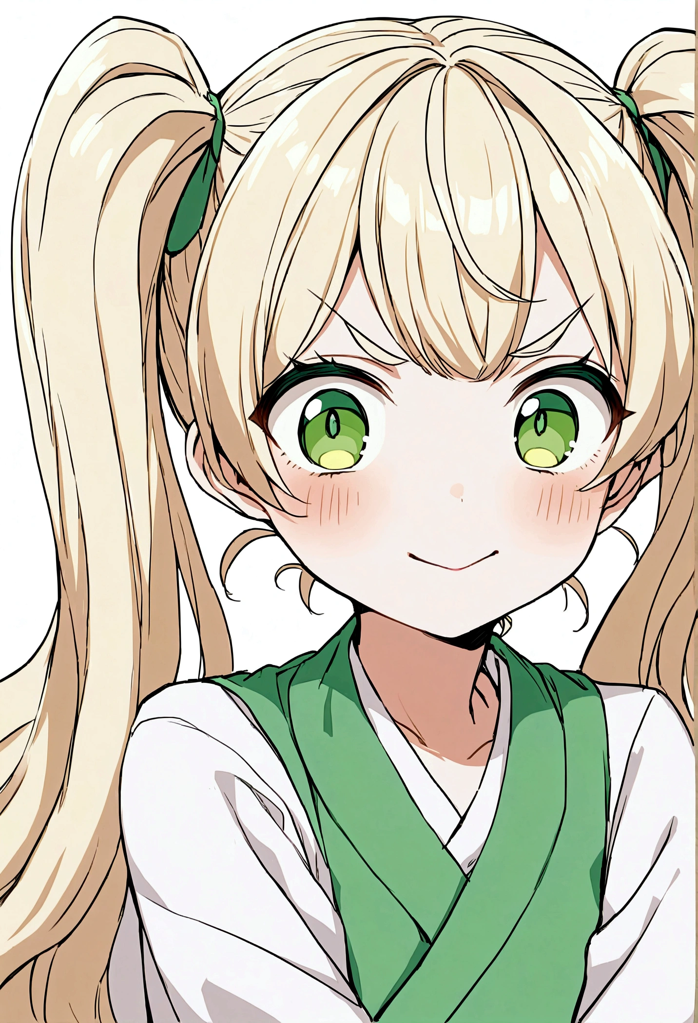 With blonde twin tails、The hair on both sides is tied up high.、
The bangs are straight、It is cut a little longer、
Eyes are large、The character has an anime-style design and sharp green eyes.、
Eyebrows are thin、There is a slight angle、Make a powerful impression、
The nose is small、It's not very noticeable though、It brings out the character's facial expression、
The mouth is small、Lightly closed、Her facial expression conveys her strong will and determination.、
The face shape is elongated、Cheekbones appear slightly higher、