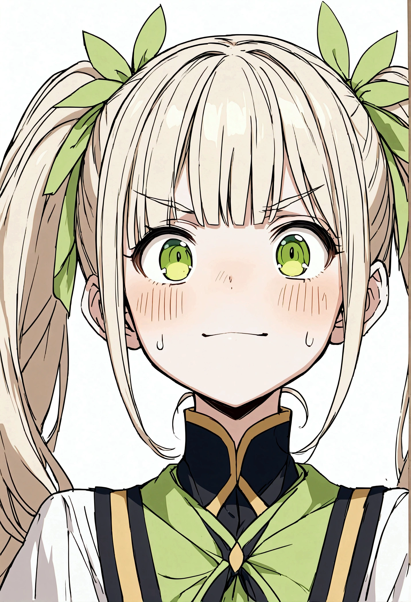 With blonde twin tails、The hair on both sides is tied up high.、
The bangs are straight、It is cut a little longer、
Eyes are large、The character has an anime-style design and sharp green eyes.、
Eyebrows are thin、There is a slight angle、Make a powerful impression、
The nose is small、It's not very noticeable though、It brings out the character's facial expression、
The mouth is small、Lightly closed、Her facial expression conveys her strong will and determination.、
The face shape is elongated、Cheekbones appear slightly higher、