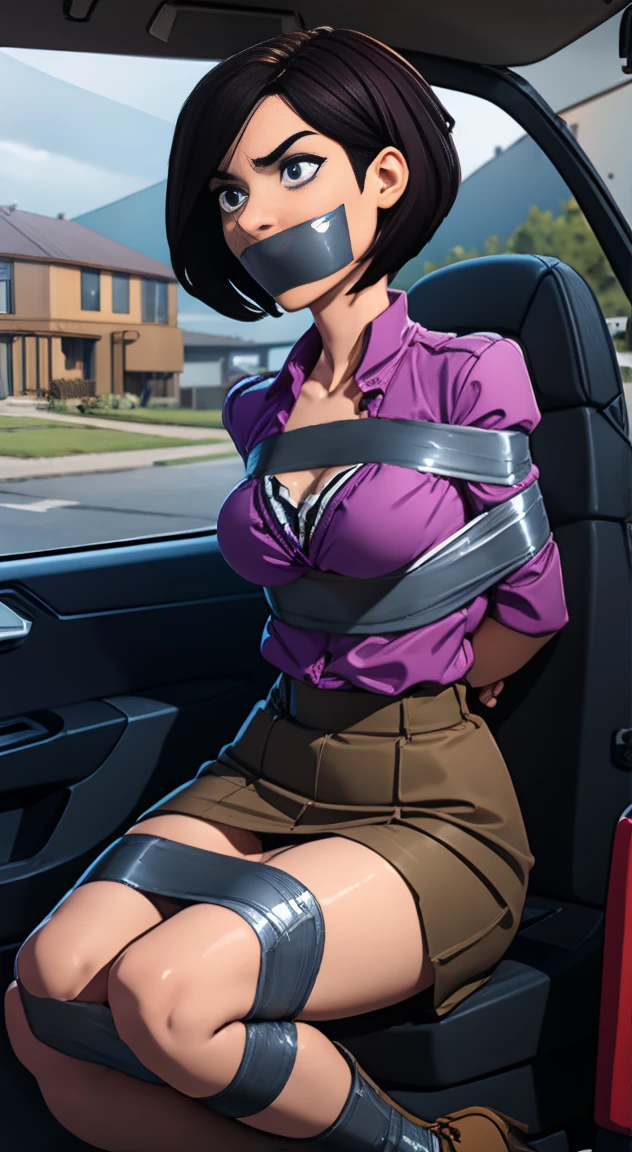 Highest quality, masterpiece, high resolution, 8k, cinematic lighting, sharp resolution, medium shot, 1 woman with chin length hair, short hair, dark bob cut, thick hair, center part, undercut nape, stacked bob, voluminous hair, luxurious hair, in her 30s, purple blouse, knee length, skirt, dark stockings, and calf boots, baggy blouse, wrinkled clothing, detailed face, looking at viewer, focus on face, photo realistic, character, video game cut scene, smooth, anime, detailed face, perfect skin, beautiful, Insanely detailed, close up, taped mouth, ((tape gag): 1.4), gag, ((gagged)), (((arms bound behind back))), elbows taped, wrists taped, desperate struggle, thrashing, arched back, in vehicle, in car seat, being taken away, driven away, abducted, frightened, pleading eyes, desperate escape attempt, stalker, , true crime, peril, impending