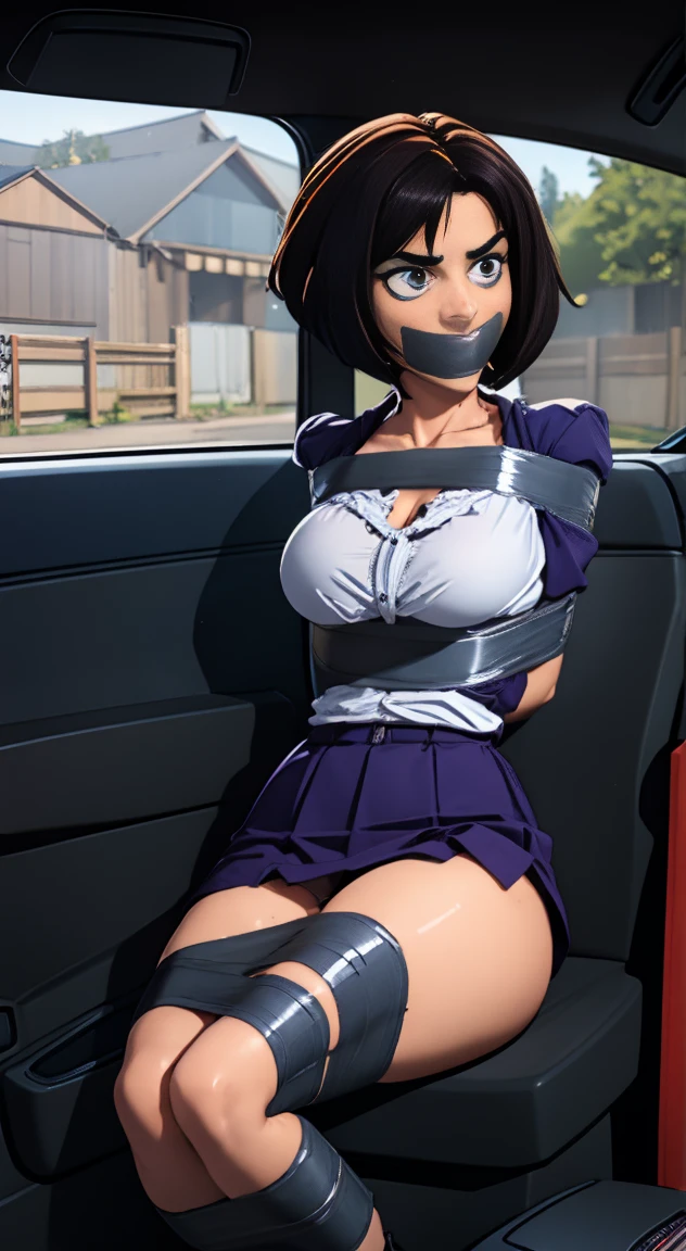 Highest quality, masterpiece, high resolution, 8k, cinematic lighting, sharp resolution, medium shot, 1 woman with chin length hair, short hair, dark bob cut, thick hair, center part, undercut nape, stacked bob, voluminous hair, luxurious hair, in her 30s, purple blouse, knee length, skirt, dark stockings, and calf boots, baggy blouse, wrinkled clothing, detailed face, looking at viewer, focus on face, photo realistic, character, video game cut scene, smooth, anime, detailed face, perfect skin, beautiful, Insanely detailed, close up, taped mouth, ((tape gag): 1.4), gag, ((gagged)), (((arms bound behind back))), elbows taped, wrists taped, desperate struggle, thrashing, arched back, in vehicle, in car seat, being taken away, driven away, abducted, frightened, pleading eyes, desperate escape attempt, stalker, , true crime, peril, impending