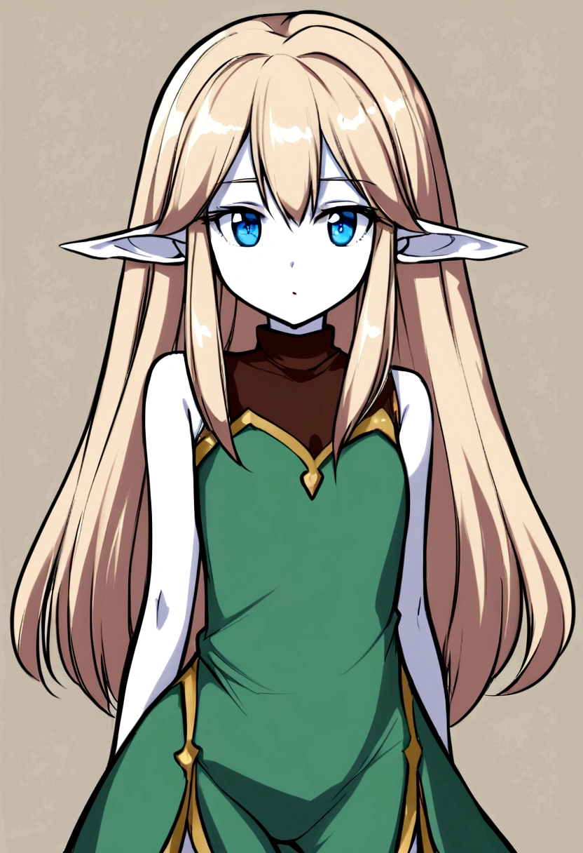 Young elven woman, long brown hair, pale skin, blue eyes, short clothes, short, dark fantasy, long ears, friendy, roughly drawn