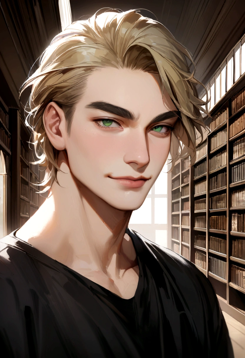 masterpiece, best quality, realistic, 1man, mature male, quiet and charming young man, 18 years old, a smirk, closed mouth, portrait, extremely detailed face, a little distant, ((dark green eyes)), ((short-side-swept sandy blonde hair)), [thick eyebrows], library, ((black shirt)) AT SCHOOL HALLWAY