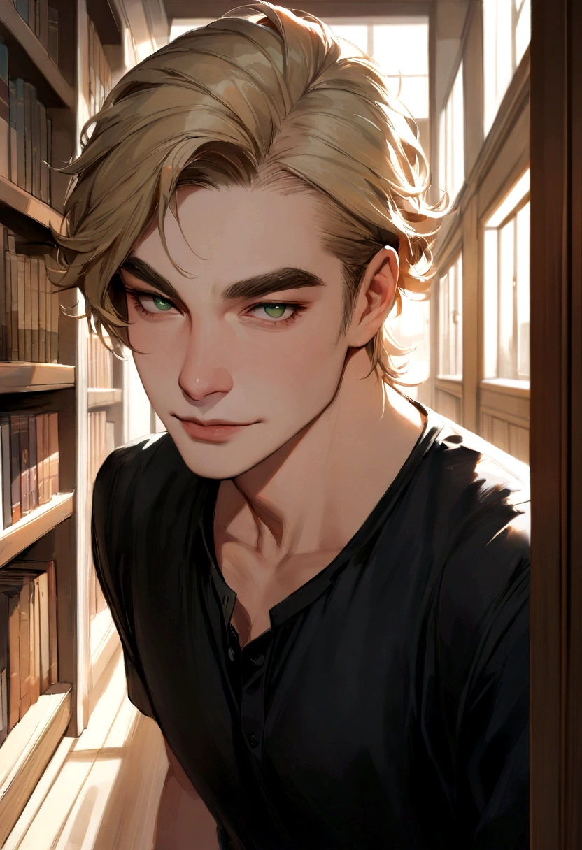 masterpiece, best quality, realistic, 1man, mature male, quiet and charming young man, 18 years old, a smirk, closed mouth, portrait, extremely detailed face, a little distant, ((dark green eyes)), ((short-side-swept sandy blonde hair)), [thick eyebrows], library, ((black shirt)) AT SCHOOL HALLWAY