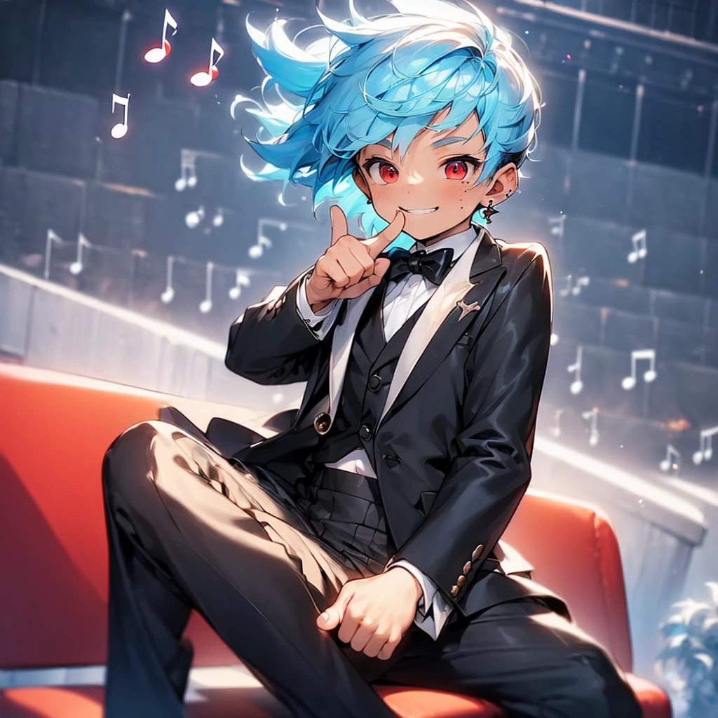 (solo:2.5), (boldline:-1.7), (put index finger on mouth:1.5), (floating musical notes:1.7), (sitting on red chair:1.5), (((fang))), (((best finger))), BREAK (best quality:1.5), (absolutely resolution:1.5), (ultra detailed:1.5), (masterpiece:1.5), (perfect face), (detailed face), (detailed eyes:1.3), (best eyes), (cute face), (shota:2), BREAK (tuxedo:1.5), (bulge:1.6), (skinny:1.3), BREAK (light blue hair:1.5), (spiked hair), (wine red eyes:1.4), (eyes with highlight:1.6), ((mole under eye)), (sweaty skin), (grin:1.5), ((earrings)), (shiny skin:1.3), BREAK (concert hall:1.5), (spot light:1.3), (at concert), (many people), ((wind blowing)), frow below,