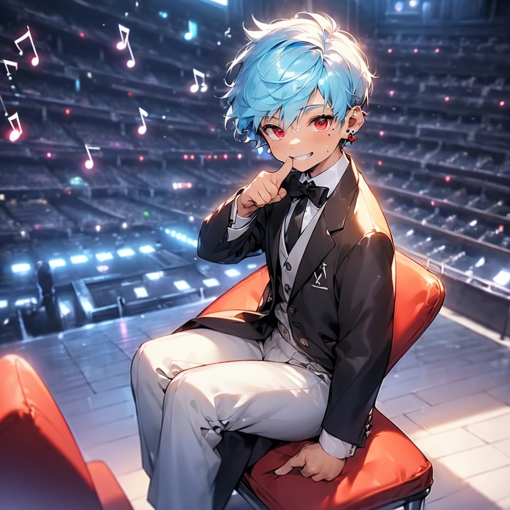 (solo:2.5), (boldline:-1.7), (put index finger on mouth:1.5), (floating musical notes:1.7), (sitting on red chair:1.5), (((fang))), (((best finger))), BREAK (best quality:1.5), (absolutely resolution:1.5), (ultra detailed:1.5), (masterpiece:1.5), (perfect face), (detailed face), (detailed eyes:1.3), (best eyes), (cute face), (shota:2), BREAK (tuxedo:1.5), (bulge:1.6), (skinny:1.3), BREAK (light blue hair:1.5), (spiked hair), (wine red eyes:1.4), (eyes with highlight:1.6), ((mole under eye)), (sweaty skin), (grin:1.5), ((earrings)), (shiny skin:1.3), BREAK (concert hall:1.5), (spot light:1.3), (at concert), (many people), ((wind blowing)), frow below,
