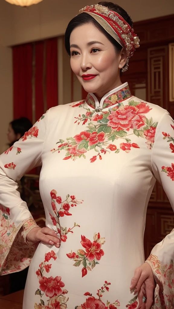 Chinoiserie, gravure, senior citizen, Draw lips correctly, Red lipstick, From the chest up, Tabletop, Highest quality, Super detailed, Realistic, Highly detailed skin, Perfect Anatomy, (1 Chinese), (alone), 100 years old, Large Breasts, Mature female politician, Glamour, Sexy, Chromo White Skin, View your viewers,