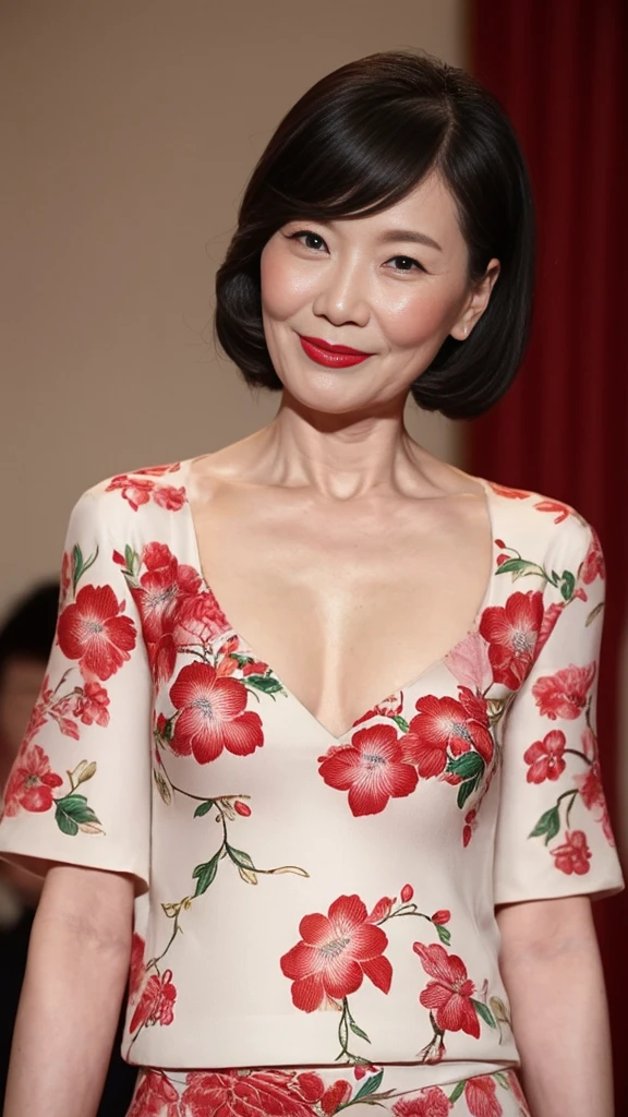 Chinoiserie, gravure, senior citizen, Draw lips correctly, Red lipstick, From the chest up, Tabletop, Highest quality, Super detailed, Realistic, Highly detailed skin, Perfect Anatomy, (1 Chinese), (alone), 100 years old, Large Breasts, Mature female politician, Glamour, Sexy, Chromo White Skin, View your viewers,