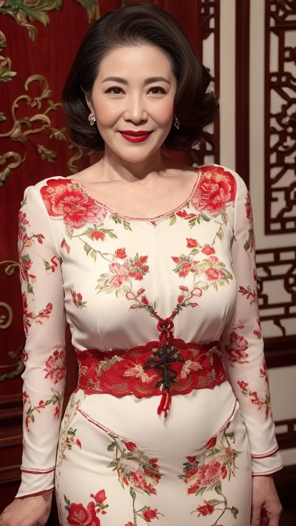 Chinoiserie, gravure, senior citizen, Draw lips correctly, Red lipstick, From the chest up, Tabletop, Highest quality, Super detailed, Realistic, Highly detailed skin, Perfect Anatomy, (1 Chinese), (alone), 100 years old, Large Breasts, Mature female politician, Glamour, Sexy, Chromo White Skin, View your viewers,