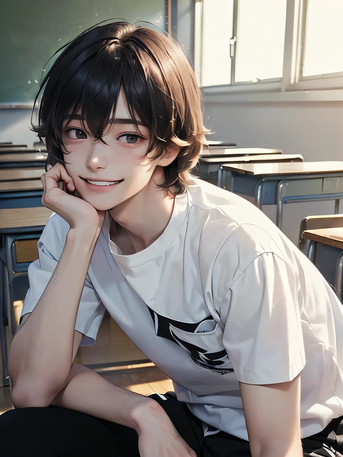(((Masterpiece))), (high quality), one Japanese boy, ,(tall and thin,sleepy droopy eyes, long face, thin cheeks, shaggy hair, vacant expression,smiling:1.5),(white shirt, black pants:1.5),(The background is a high school classroom:1.5)
