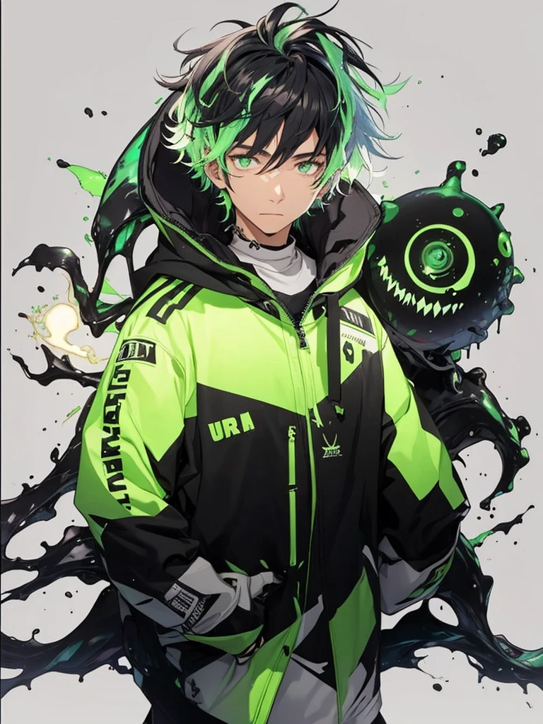 20 year old young man;
There's a shadow (monster) coming out of it;
There are many black hands around;
There's a cell phone floating around;
Short black hair with green highlights;
Wearing a hooded sweatshirt;
The thing that comes out of it looks like black mechanical goo like a symbiote