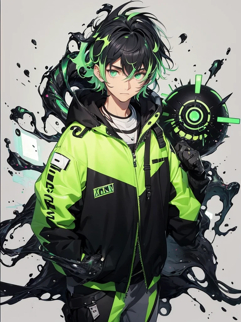 20 year old young man;
There's a shadow (monster) coming out of it;
There are many black hands around;
There's a cell phone floating around;
Short black hair with green highlights;
Wearing a hooded sweatshirt;
The thing that comes out of it looks like black mechanical goo like a symbiote