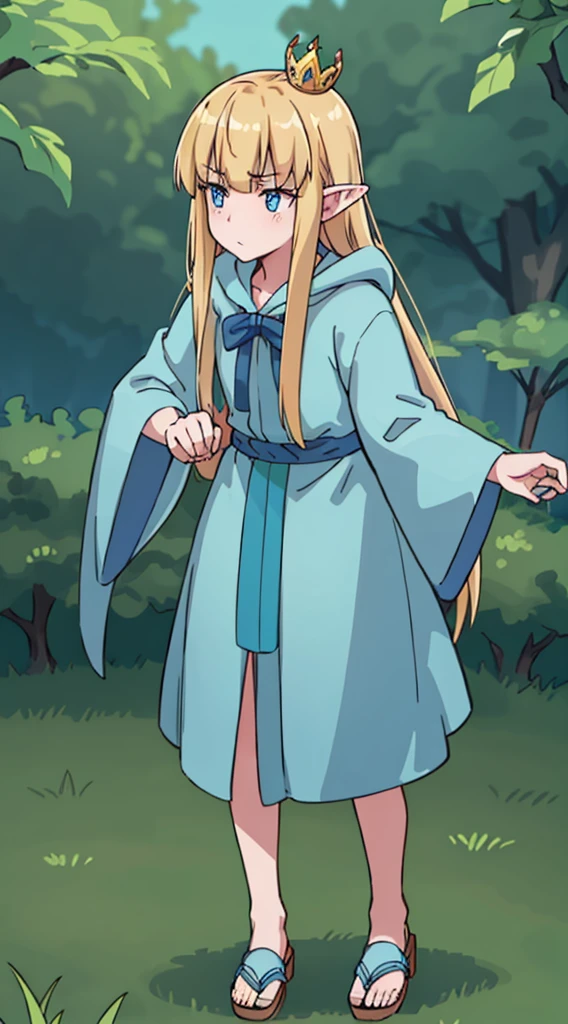 hiquality, tmasterpiece (One Elven Princess) long ears, blonde woman, a small crown on the head, blue eyes, Sullen face. Green hunting cloak, Sandals. in front of a forest background