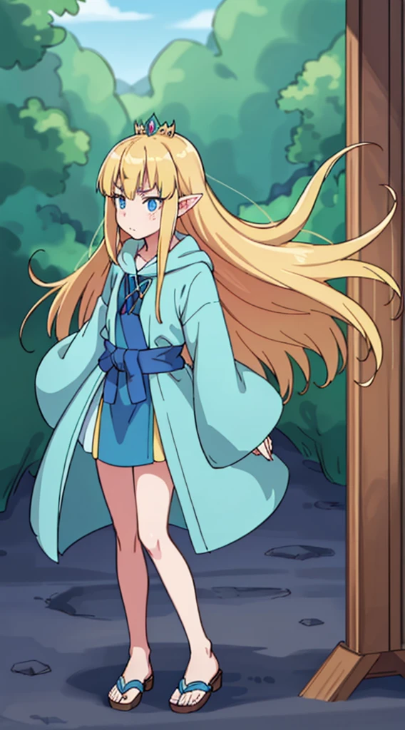 hiquality, tmasterpiece (One Elven Princess)   long ears, blonde woman, a small crown on the head, blue eyes, Sullen face. Green hunting cloak, Sandals. in front of a forest background