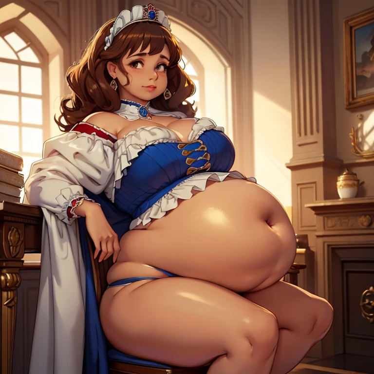 (Best quality), (detailed), (high res, 4k), chubby queen lady, queenly attire, queen, brown curly hair, tan skin, big booty, wide hips, ((1800s)), ((royal)), ((19th century britain)), gigantic belly, taking off cleavage, showing tits, taking off bra