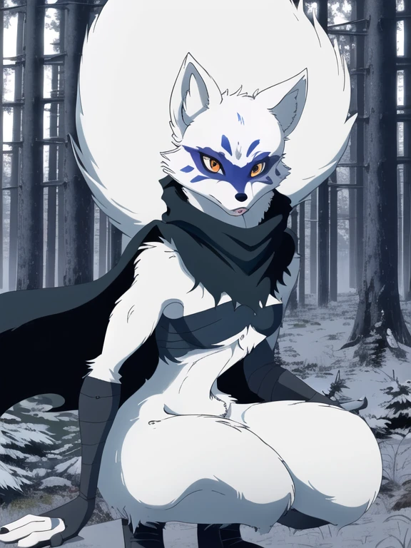 Alopex, arctic fox, furry, blue mark, tmnt, serious look, orange eyes, girl1, solo, park, forest, black cape, black bandage, best quality, masterpiece,