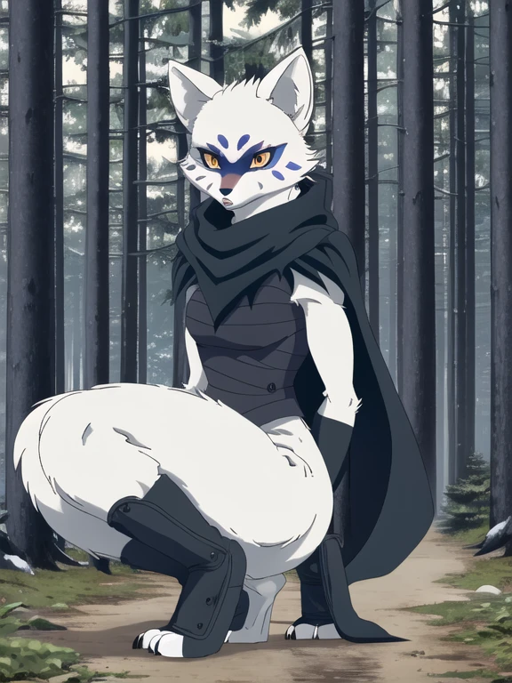 Alopex, arctic fox, furry, blue mark, tmnt, serious look, orange eyes, girl1, solo, park, forest, black cape, black bandage, best quality, masterpiece,