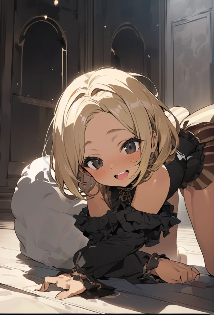 (anime style),masterpiece, best quality, extremely detailed,10Year old,tanned skin,dark skin, Beautiful body,BREAK,multicolored colorful blonde hair,short hair,hair slicked back,BREAK,black eyes,happy smile,open mouth,eyes widen,happiness
smile face,detailed lips,open legs,BREAK,cotton black big ribbon,BREAK, Ballerina costume,striped shorts,off shoulder,frilled clothing microskirt,break,head tilt,face down pose,in the Gothic room,face down