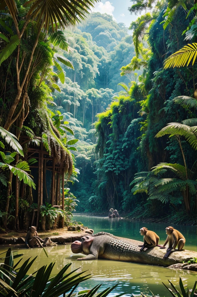 A beautiful environment with monkeys and crocodiles in a jungle.