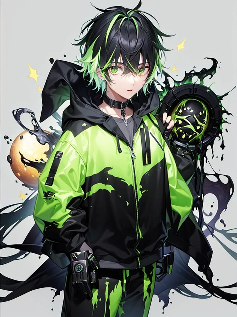 20 year old young man;
There&#39;s a shadow (monster) coming out of it;
There are many black hands around;
There&#39;s a cell phone floating around;
Short black hair with green highlights;
Wearing a hooded sweatshirt;

The thing that comes out of it looks like black mechanical goo like a symbiote 
