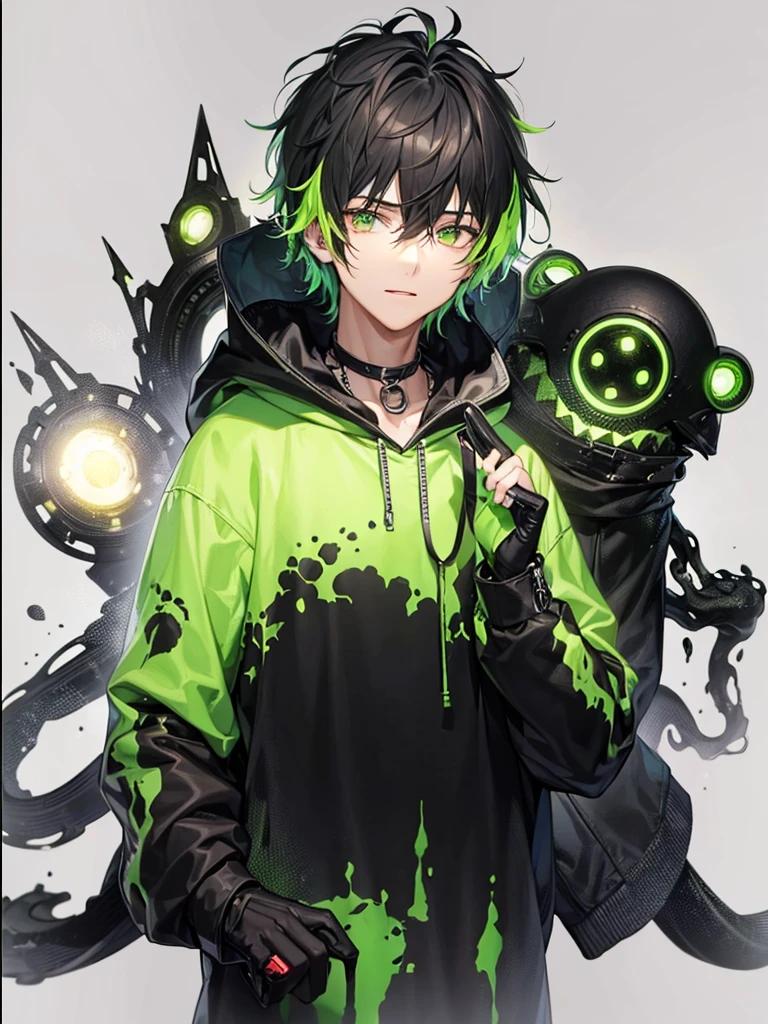 20 year old young man;
There's a shadow (monster) coming out of it;
There are many black hands around;
There's a cell phone floating around;
Short black hair with green highlights;
Wearing a hooded sweatshirt;
The thing that comes out of it looks like black mechanical goo like a symbiote