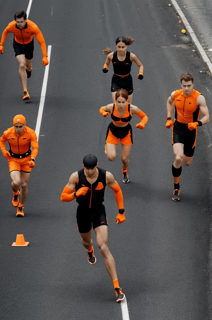 Three people are seen, 2 dressed in black, and 1 orange, trying to advance in a race but several internet cables hold them back and pull them back, not allowing them to advance much, However, from above a hand with an orange glove uses an orange scissors to cut the wires of the person dressed in orange 