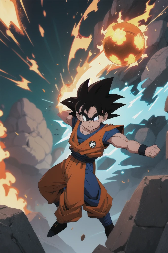 Manga style, illustration, line art style, high quality, manga masterpiece, highres, very detailed, digital illustration, small ??? Goku, Dragonball, black hair, spiked hair, real goku clothes orange color, black belt and black shoes, fire ball, Goku destroying Vegeta in a combat, dougi, solo male , outdoors,fighting,