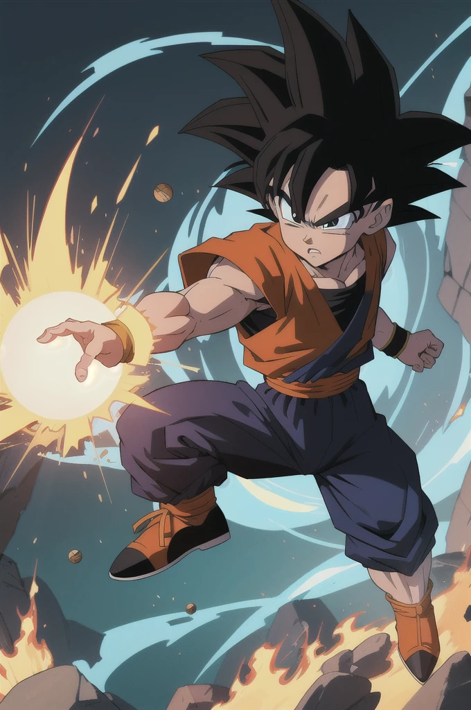 Manga style, illustration, line art style, high quality, manga masterpiece, highres, very detailed, digital illustration, small Kid Goku, Dragonball, black hair, spiked hair, real goku clothes orange color, black belt and black shoes, fire ball, Goku destroying Vegeta in a combat, dougi, solo male , outdoors,fighting,