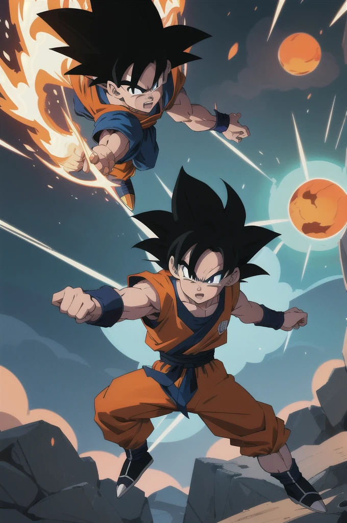 Manga style, illustration, line art style, high quality, manga masterpiece, highres, very detailed, digital illustration, small Kid Goku, Dragonball, black hair, spiked hair, real goku clothes orange color, black belt and black shoes, fire ball, Goku destroying Vegeta in a combat, dougi, solo male , outdoors,fighting,