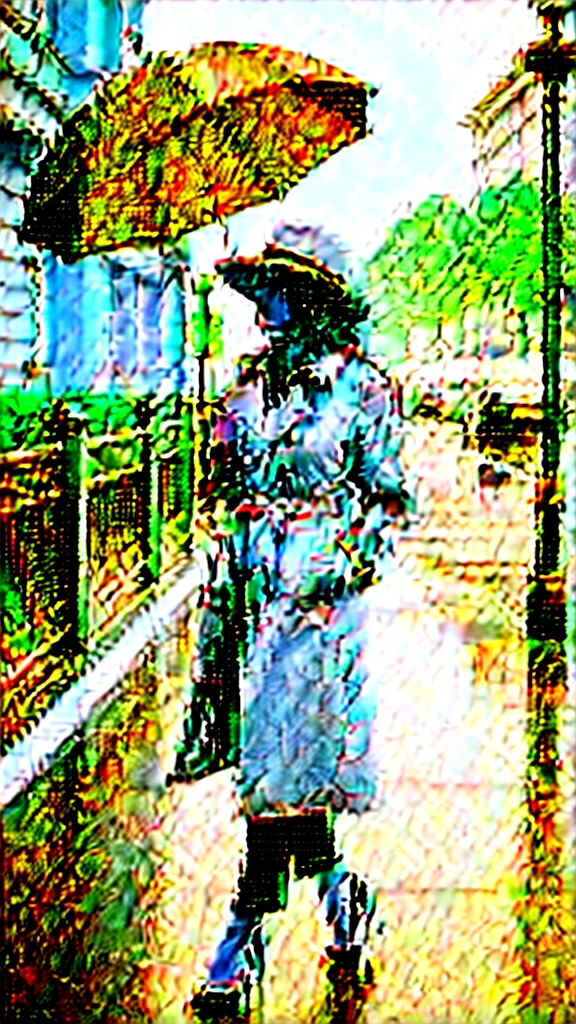 Girl in a black one-piece suit with a trench coat and beige hat, black heels, walking with an umbrella on rainy day, on an avenue sidewalk with railings towards the traffic channels