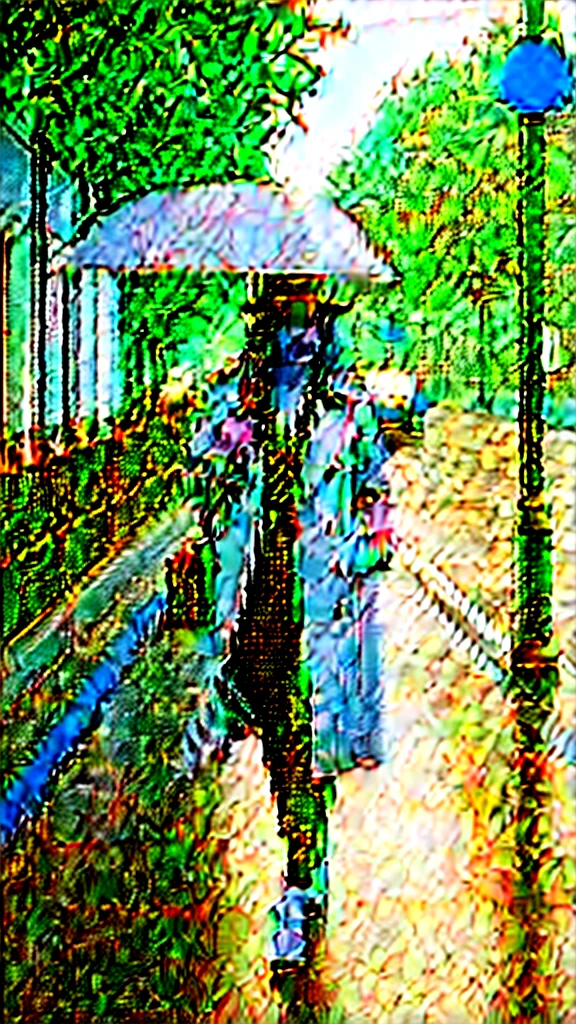 Girl in a black one-piece suit with a trench coat and beige hat, black heels, walking with an umbrella on rainy day, on an avenue sidewalk with railings towards the traffic channels