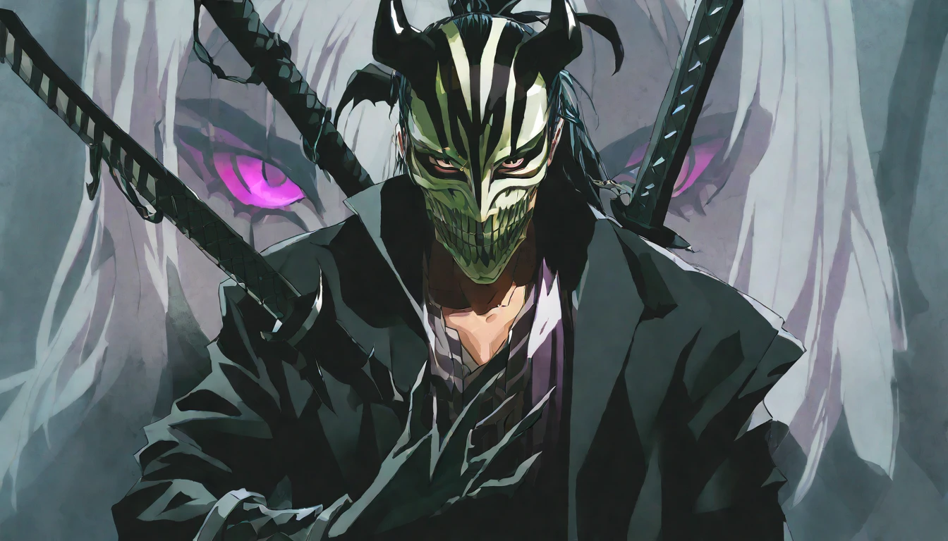 demon mask, sword on the hand,close up, black heavy detailed clothes, hand katana, art, dark and malevolent, hand sword, armor, powerful and intimidating, (masterpiece, best quality, ultra-detailed, best shadow), (detailed background, dark fantasy) dramatic light, intricate details, dark and malevolent, powerful and intimidating, Dark and foreboding, malevolent force, sinister and chilling, armor, high detailed background, girl in demon slayer art, demon slayer art style, epic anime art, God death