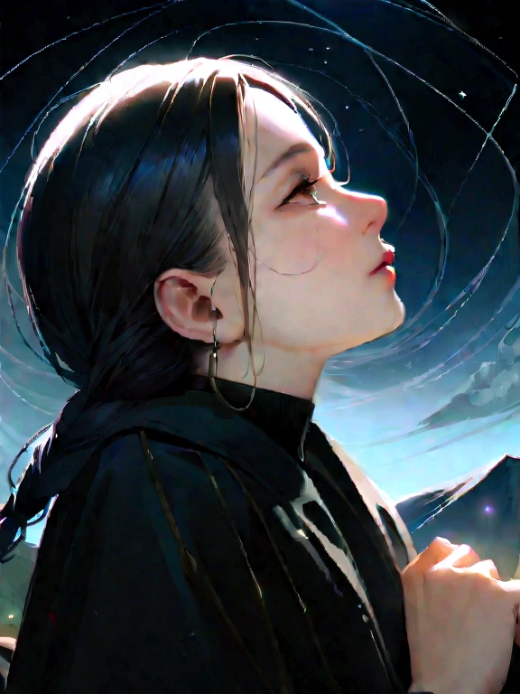 On the slope of the field on the mountain, She and he were lying face down、Looking up at the night sky、She tilted her face towards me and looked at me..、She is blushing、holding his right hand and her left、視点は二人の頭の間からLooking up at the night skyいる、Flow of shooting stars、There is no light source other than the night sky.、The mountains can be cold, I can see my breath turn into mist.、masterpiece、Realistic