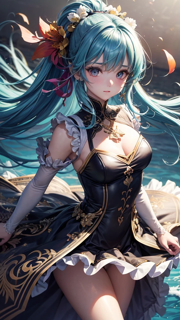 (masterpiece), (best quality), (ultra detailed),(disheveled hair),(illustration), (1girl), (Fashionable clothing), standing, Fashion model, looking at viewer, (interview), (simple background),beautiful detailed eyes, delicate beautiful face, Floating,(high saturation),(colorful splashes),colorful bubble,(shining), focus on face, ponytail, kamisato ayaka, light blue hair, bangs, hair ring, floating flowers, floating hairs, (shining), best lighting, best shadow,