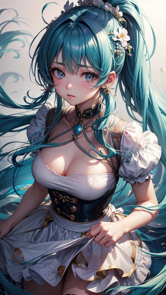 (masterpiece), (best quality), (ultra detailed),(disheveled hair),(illustration), (1girl), (Fashionable clothing), standing, Fashion model, looking at viewer, (interview), (simple background),beautiful detailed eyes, delicate beautiful face, Floating,(high saturation),(colorful splashes),colorful bubble,(shining), focus on face, ponytail, kamisato ayaka, light blue hair, bangs, hair ring, floating flowers, floating hairs, (shining), best lighting, best shadow,