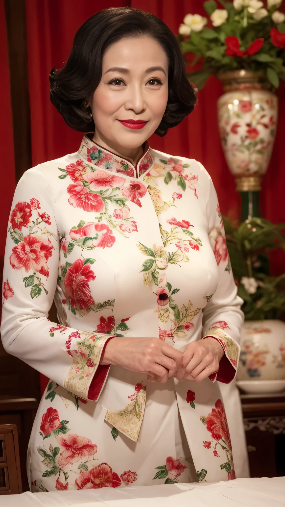 Chinoiserie, gravure, senior citizen, Draw lips correctly, Red lipstick, From the chest up, Tabletop, Highest quality, Super detailed, Realistic, Highly detailed skin, Perfect Anatomy, (1 Chinese), (alone), 100 years old, Large Breasts, Mature female politician, Glamour, Sexy, Chromo White Skin, View your viewers,