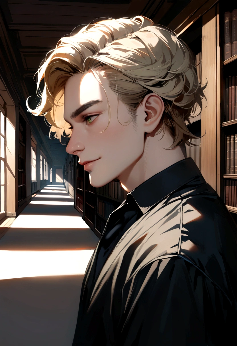 masterpiece, best quality, realistic, 1man, mature male, quiet and charming young man, 18 years old, a smirk, closed mouth, portrait, extremely detailed face, a little distant, ((dark green eyes)), ((short-side-swept sandy blonde hair)), [thick eyebrows], library, ((black shirt)) AT SCHOOL HALLWAY side profile