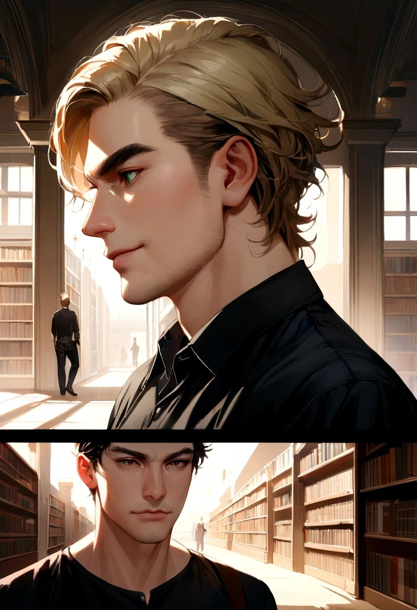 masterpiece, best quality, realistic, 1man, mature male, quiet and charming young man, 18 years old, a smirk, closed mouth, portrait, extremely detailed face, a little distant, ((dark green eyes)), ((short-side-swept sandy blonde hair)), [thick eyebrows], library, ((black shirt)) AT SCHOOL HALLWAY side profile