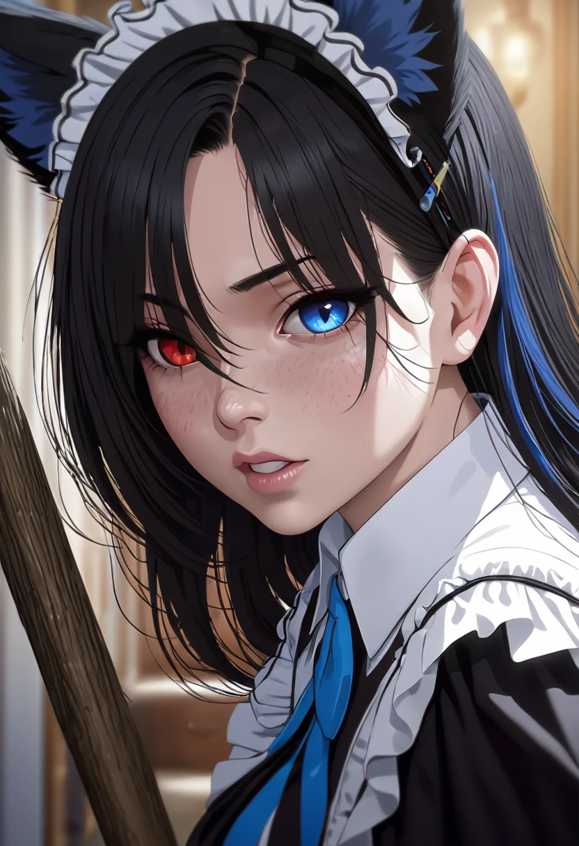 a beautiful blue and black kitsune, detailed portrait, intricate details, sensual, 1girl, long black hair, long black with blue tips tail, heterochromia(one blue eye,one red eye), anime style, lady maid outfit with a broom cleaning a hallway, (best quality,4k,8k,highres,masterpiece:1.2),ultra-detailed,(realistic,photorealistic,photo-realistic:1.37),HDR,UHD,studio lighting,ultra-fine painting,sharp focus,physically-based rendering,extreme detail description,professional,vivid colors,bokeh