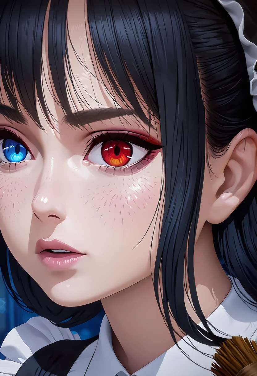 a beautiful blue and black kitsune, detailed portrait, intricate details, sensual, 1girl, long black hair, long black with blue tips tail, heterochromia(one blue eye,one red eye), anime style, lady maid outfit with a broom cleaning a hallway, (best quality,4k,8k,highres,masterpiece:1.2),ultra-detailed,(realistic,photorealistic,photo-realistic:1.37),HDR,UHD,studio lighting,ultra-fine painting,sharp focus,physically-based rendering,extreme detail description,professional,vivid colors,bokeh