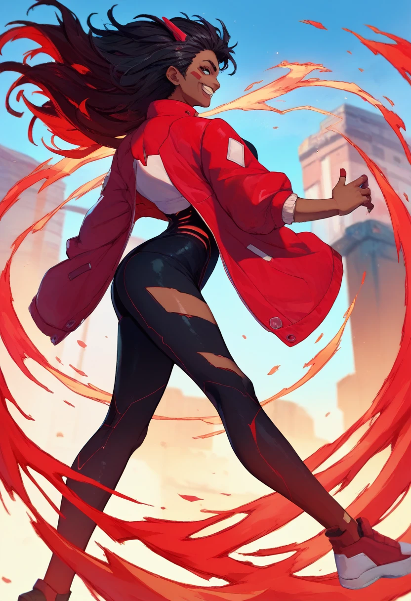 (spawns a tall adult woman with long black hair and red irises, futuristic black clothing using a dark toned jacket, a somewhat deranged smile with an aura of red power and a lunar atmosphere, Epic