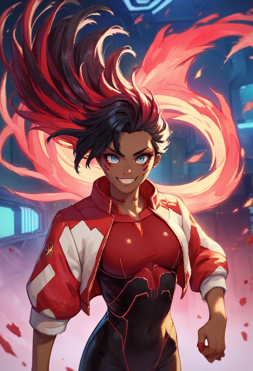 (spawns a tall adult woman with long black hair and red irises, futuristic black clothing using a dark toned jacket, a somewhat deranged smile with an aura of red power and a lunar atmosphere, Epic