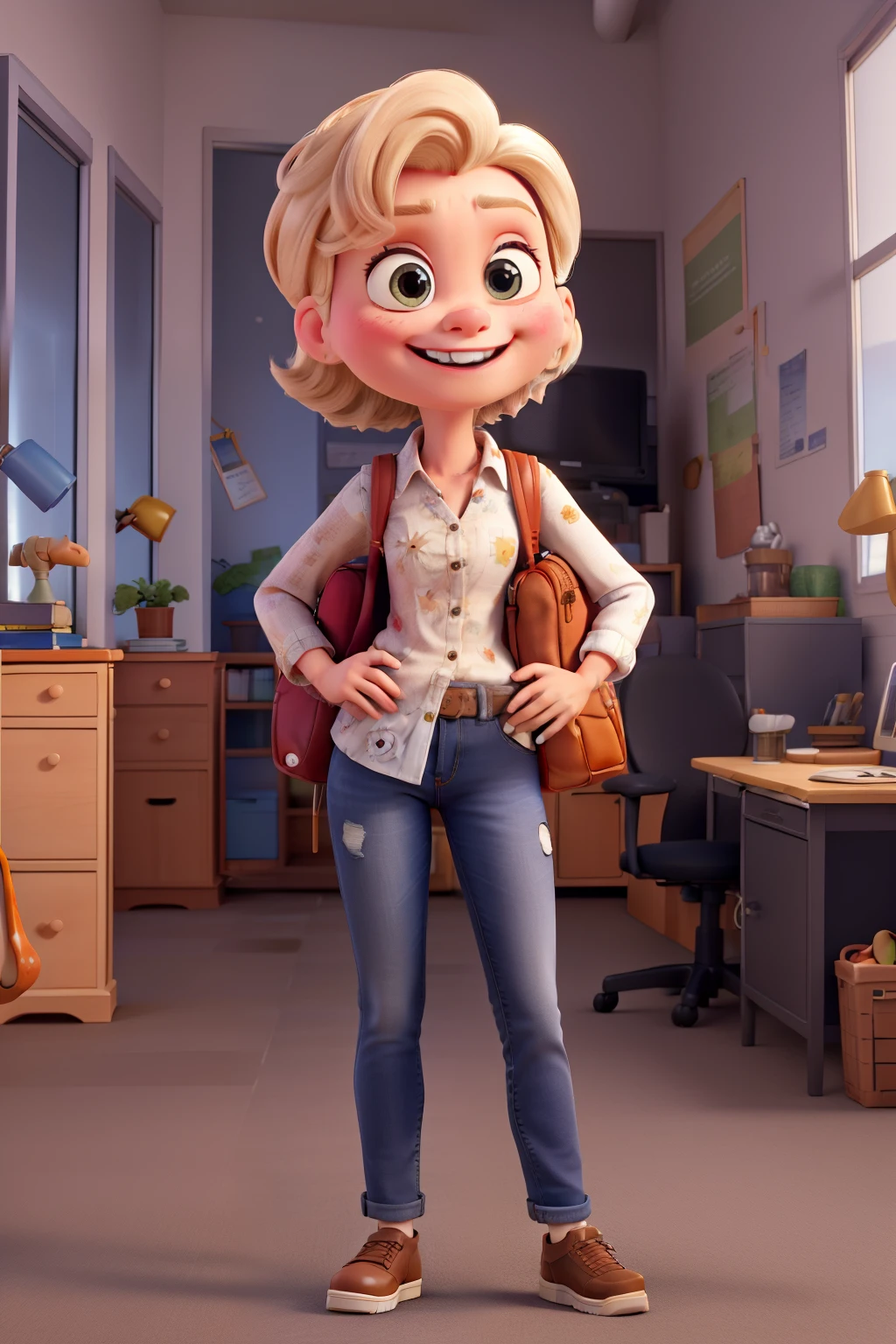 cartoon character amusingly, disney pixar style, 3d, very tiny, with shoulder-length blonde hair , jeans,lowrise, gorda, eyes browns, big mouth , bochechas grandes , black heel shoes , white button down long sleeve shirt, themed printed coat , with happy face, skin fair, holding magic cube , with a colorful backpack on his back, office background with 8k quality legos