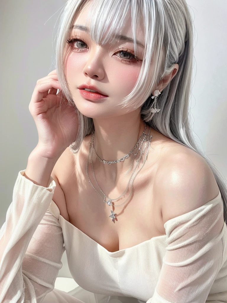 (((amount、White 、Asian Woman、beautiful girl、Silver Hair、White Background、)))、Tabletop, Highest quality, shape, Very detailed, finely, High resolution, 8k wallpaper, Perfect dynamic composition, finelyて美しい目, Deco Out, Medium Hair, Small breasts, Natural color lip,White Background, Random cute poses,White off-the-shoulder dress、(((See-through 1.5)))、Necklaces and earrings、