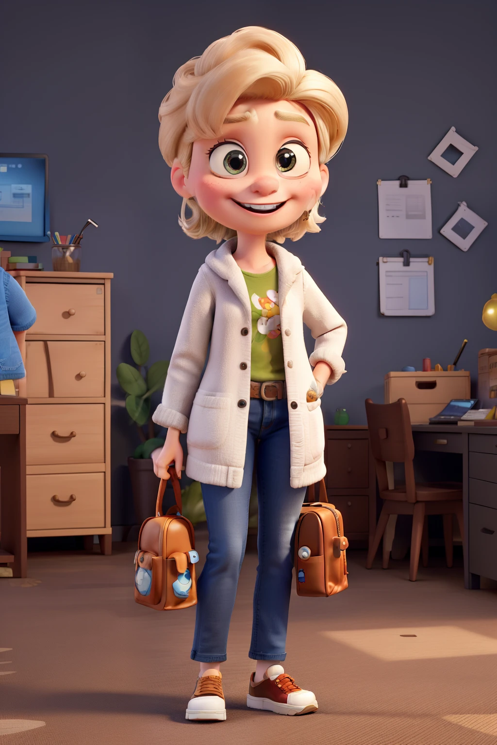 cartoon character amusingly, disney pixar style, 3d, very tiny, with shoulder-length blonde hair , jeans,lowrise, gorda, eyes browns, big mouth , bochechas grandes , black heel shoes , white button down long sleeve shirt, themed printed coat , with happy face, skin fair, holding magic cube , with a colorful backpack on his back, office background with 8k quality legos