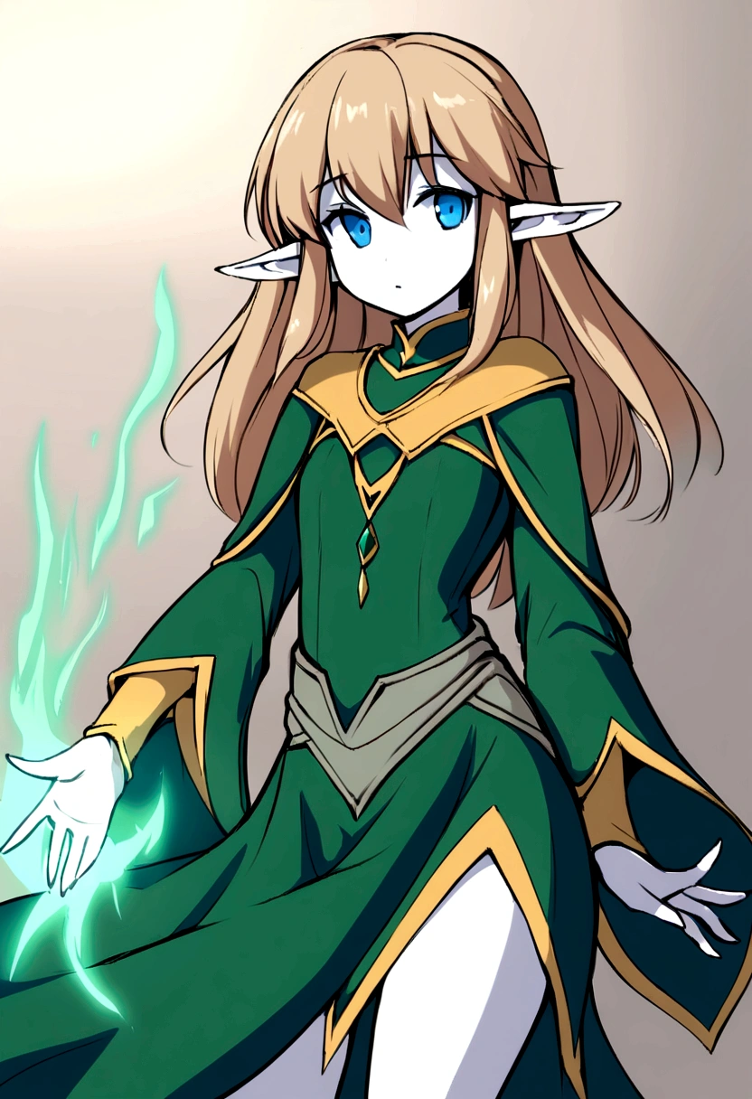 Young elven woman, long brown hair, pale skin, blue eyes, short clothes, short, dark fantasy, long ears, friendy, roughly drawn