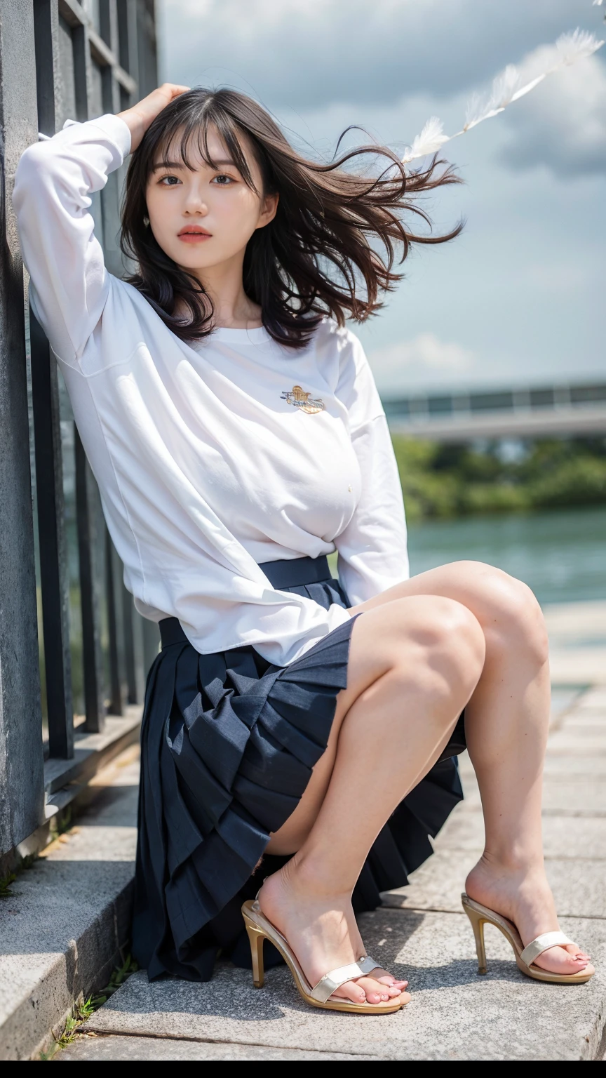 ((Viewing angle from below:1.52、Highest quality、masterpiece、32k、Every detail))、(((A strong wind blows up her hair and skirt:1.62)))、Descend the outdoor stairs、commute、whole body、Traditional navy blue sailor uniform、Outgrown white blouse、(((Mini Pleated Skirt, No underwear:1.22)))、(( I always wear the strap of my bag across my body..:1.22))、One Girl, alone、((((Big Breasts、barefoot, High heels))))