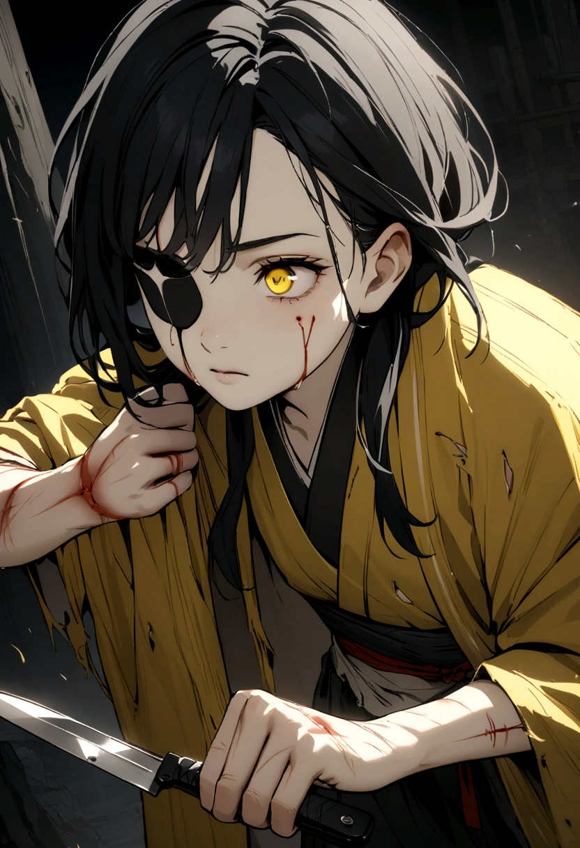 adolescent, Bblack hair, one eye black and the other yellow, kimono all torn and very pale yellow in color, body scratches and bleeding, and holding a knife