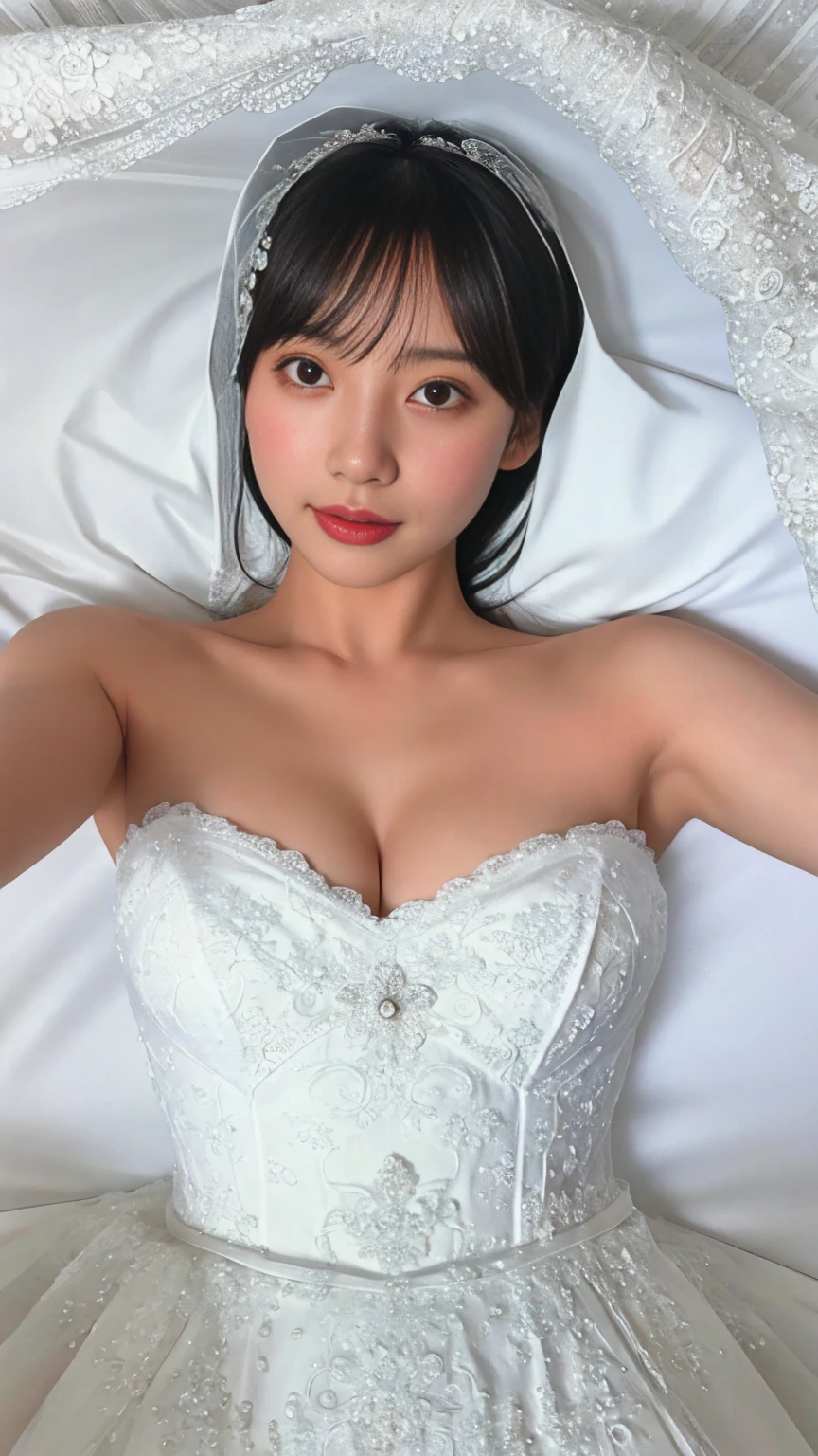 Masterpiece、highest quality、Woman 1、Super detailed、Top view、Gravure idol　Black Hair、Straight Hair、Light bangs　Wedding dress、White Veil　Lying on white sheets、Lie on your back、Gravure pose、Lying Pose　White sheets background