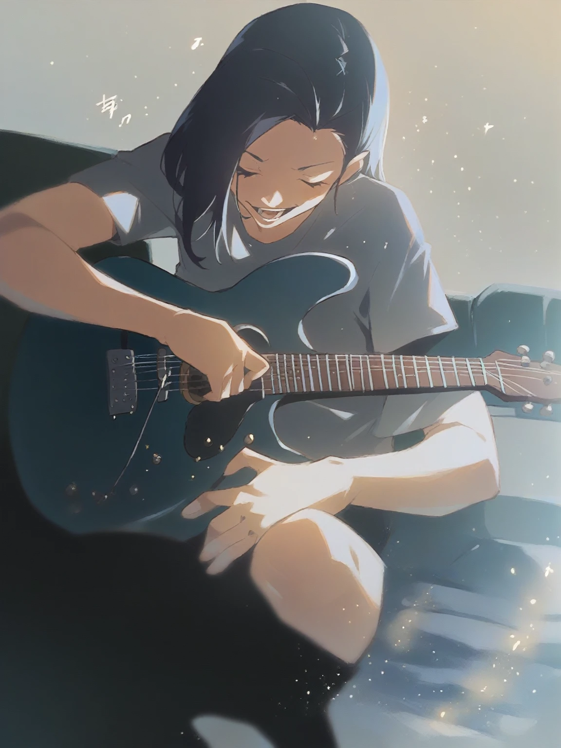 10 year old singing and playing guitar, anime styling