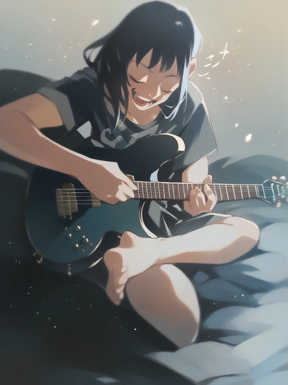 10 year old singing and playing guitar, anime styling